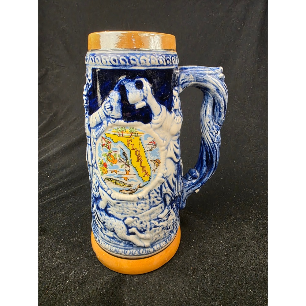 Vintage Florida State Souvenir Beer Stein‎ Cobalt Blue Ceramic Relief Mug 9.5"